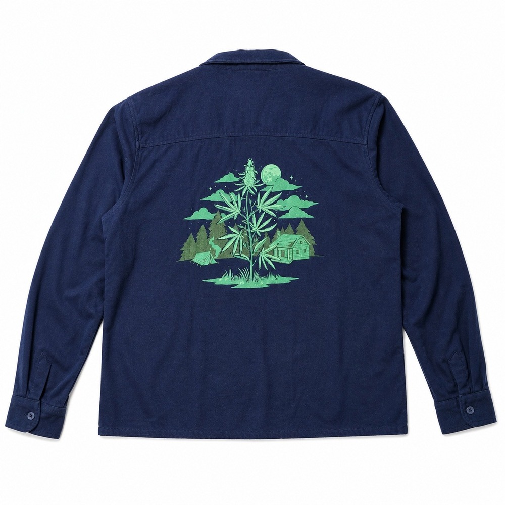 BDG Urban Outfitters Navy Blue Cannabis Cabin Graphic Button Down Shirt Mens M
